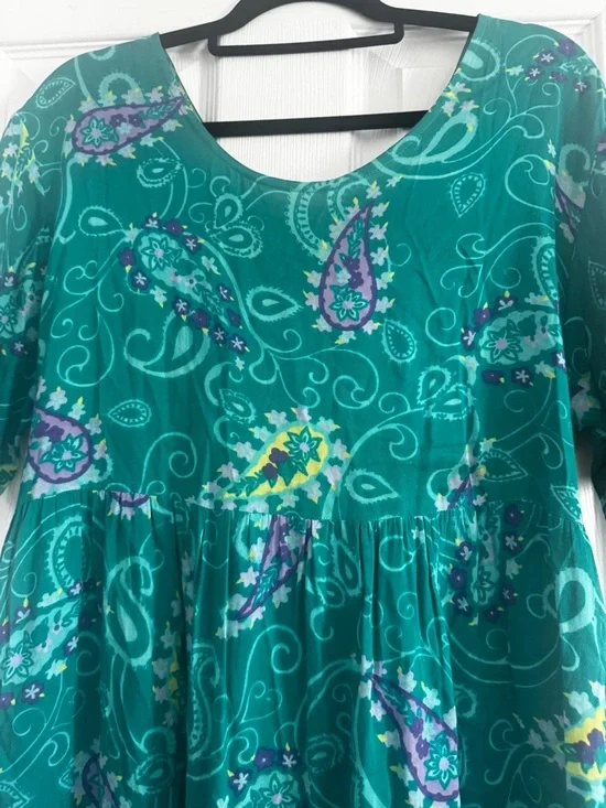 Vintage 90s Diane Von Furstenberg Teal Green Paisley Tie Back Dress S/M - Picture 2 of 6
